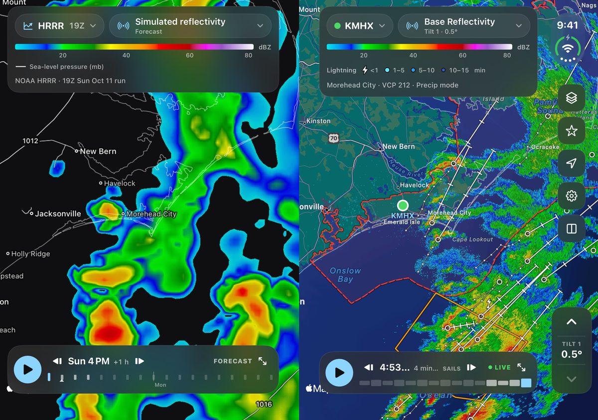 ScoutWx on iPhone Duo, open: the HRRR’s simulated reflectivity beside KMHX reflectivity