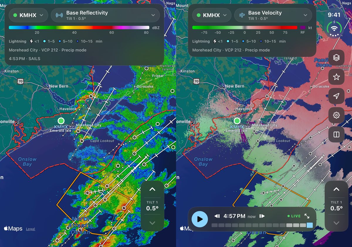 ScoutWx on iPhone Duo, open: KMHX reflectivity on the left page and velocity on the right, a line of cells along the North Carolina coast under a tornado watch