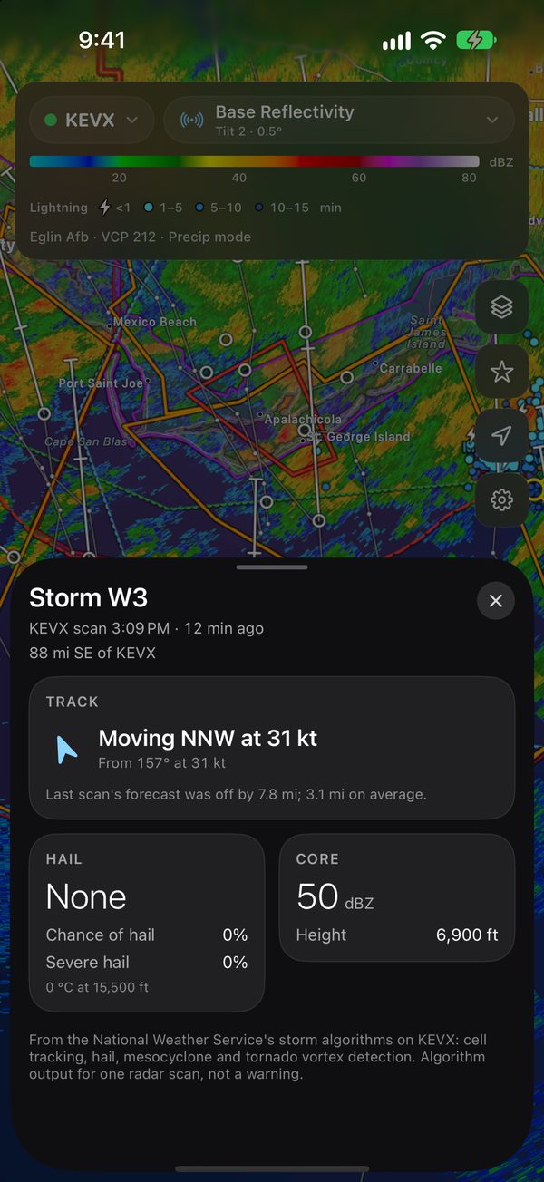 ScoutWx on iPhone: the storm sheet for cell W3 on KEVX, moving north-northwest at 31 knots, with its hail and core